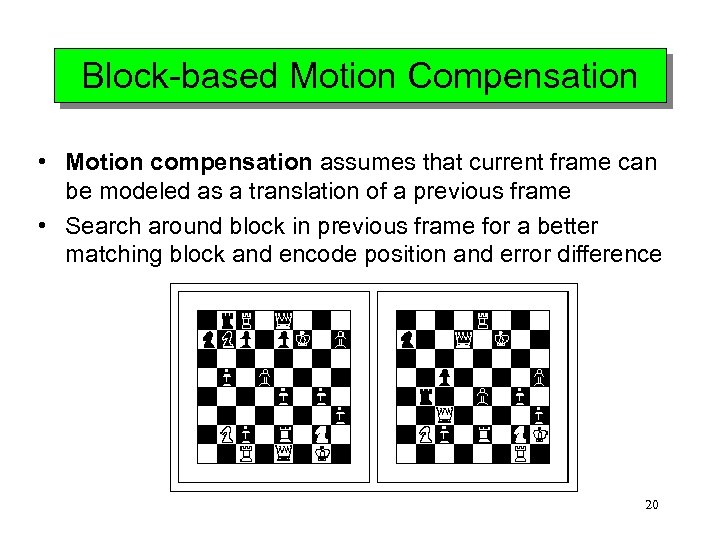 Block-based Motion Compensation • Motion compensation assumes that current frame can be modeled as