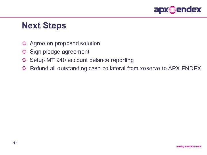 Next Steps Agree on proposed solution Sign pledge agreement Setup MT 940 account balance