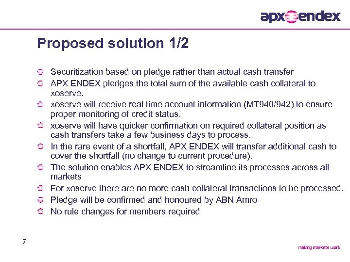 Proposed solution 1/2 Securitization based on pledge rather than actual cash transfer APX ENDEX