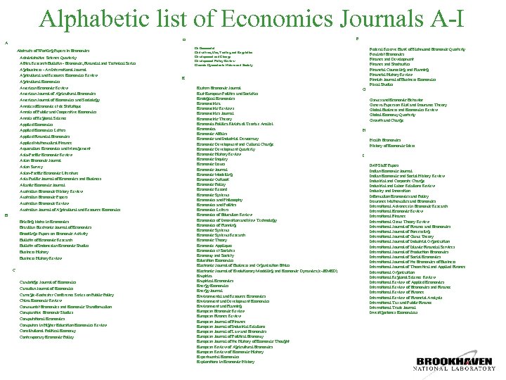 Alphabetic list of Economics Journals A-I F D A De Economist Derivatives, Use, Trading