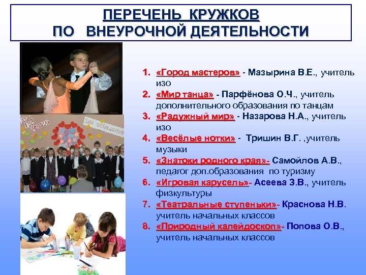 ПЕРЕЧЕНЬ КРУЖКОВ ПО ВНЕУРОЧНОЙ ДЕЯТЕЛЬНОСТИ 1. «Город мастеров» - Мазырина В. Е. , учитель