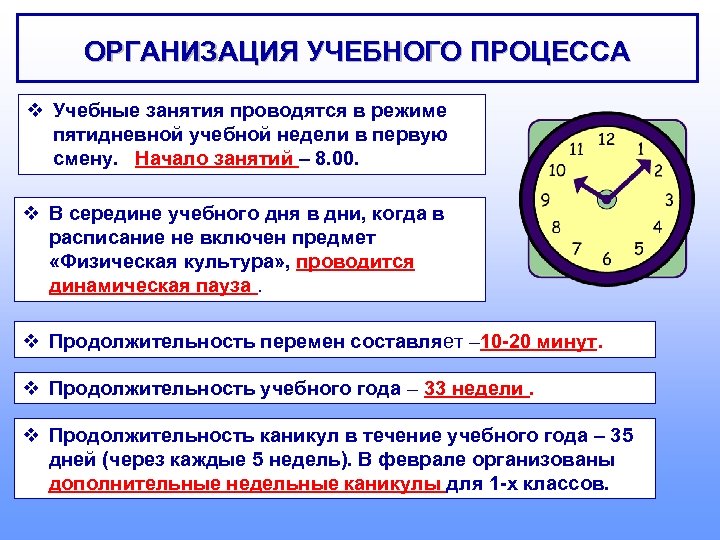 ОРГАНИЗАЦИЯ УЧЕБНОГО ПРОЦЕССА v Учебные занятия проводятся в режиме пятидневной учебной недели в первую