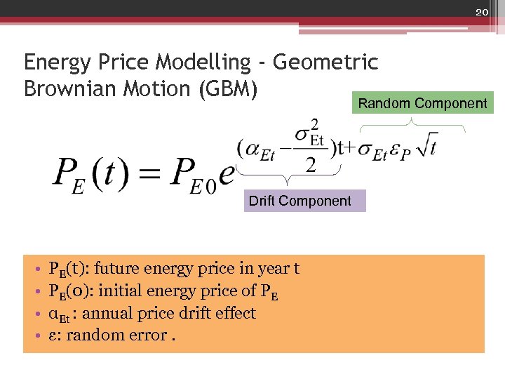 20 Energy Price Modelling - Geometric Brownian Motion (GBM) Random Component Drift Component •