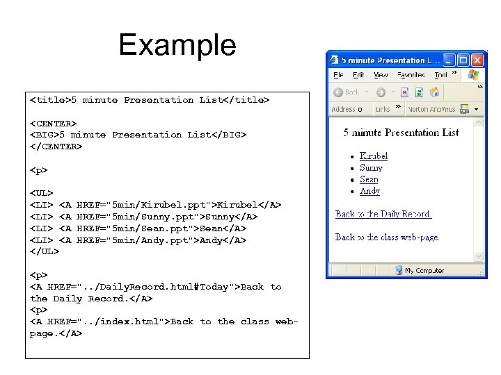 Example <title>5 minute Presentation List</title> <CENTER> <BIG>5 minute Presentation List</BIG> </CENTER> <p> <UL> <LI>