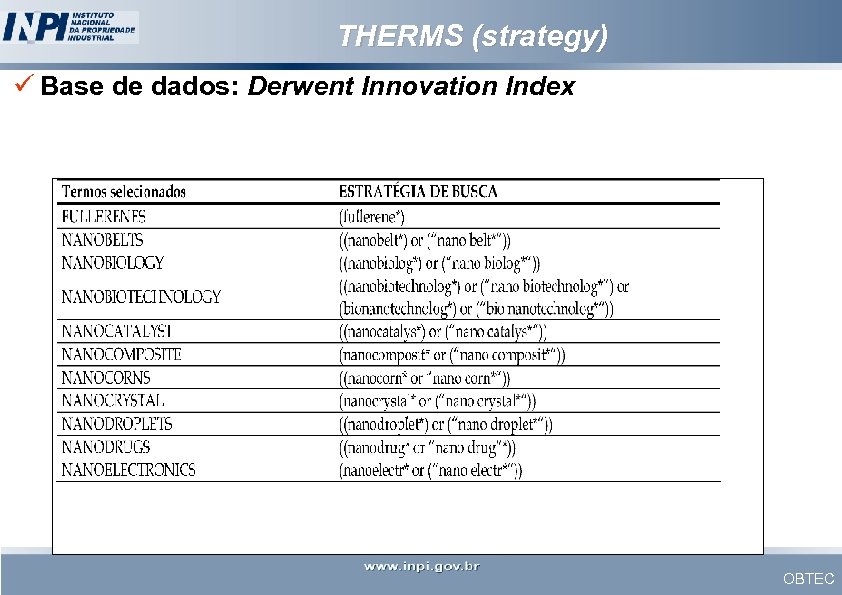 THERMS (strategy) ü Base de dados: Derwent Innovation Index OBTEC 