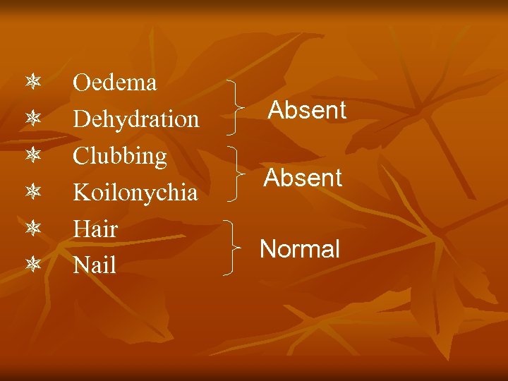  Oedema Dehydration Clubbing Koilonychia Hair Nail Absent Normal 