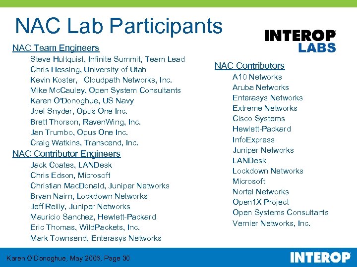 NAC Lab Participants NAC Team Engineers Steve Hultquist, Infinite Summit, Team Lead Chris Hessing,