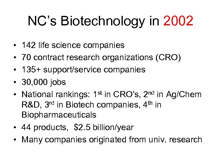NC’s Biotechnology in 2002 • • • 142 life science companies 70 contract research