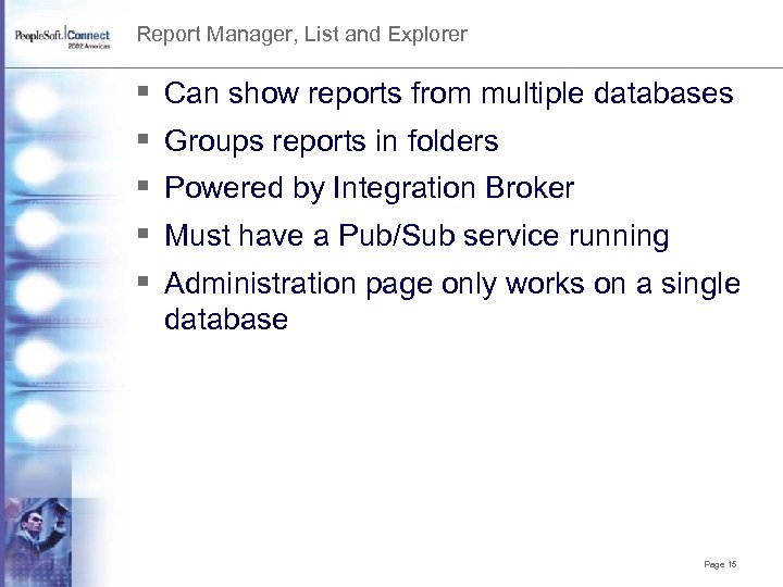 Report Manager, List and Explorer § § § Can show reports from multiple databases