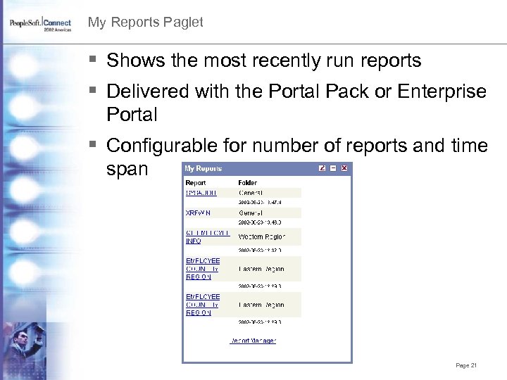 My Reports Paglet § Shows the most recently run reports § Delivered with the