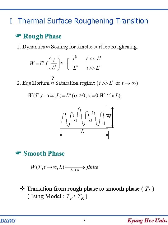 I Thermal Surface Roughening Transition F Rough Phase 1. Dynamics Scaling for kinetic surface