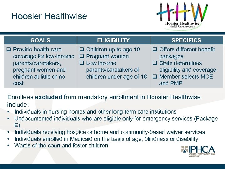 Hoosier Healthwise GOALS ELIGIBILITY SPECIFICS q Provide health care q Children up to age