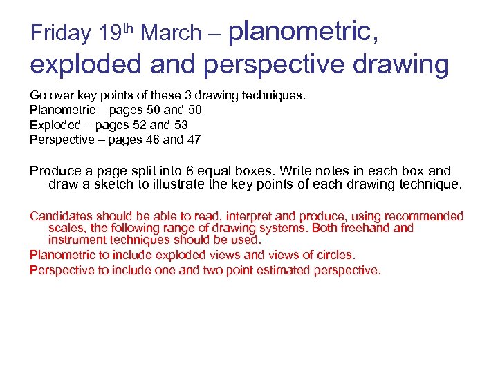 Friday 19 th March – planometric, exploded and perspective drawing Go over key points