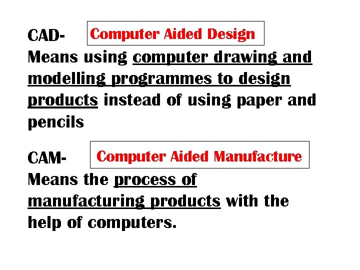 CAD- Computer Aided Design Means using computer drawing and modelling programmes to design products