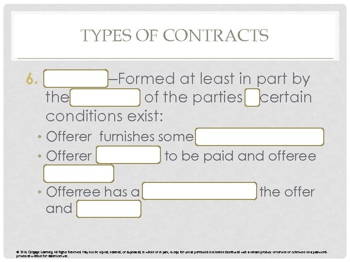 TYPES OF CONTRACTS 6. Implied—Formed at least in part by the conduct of the