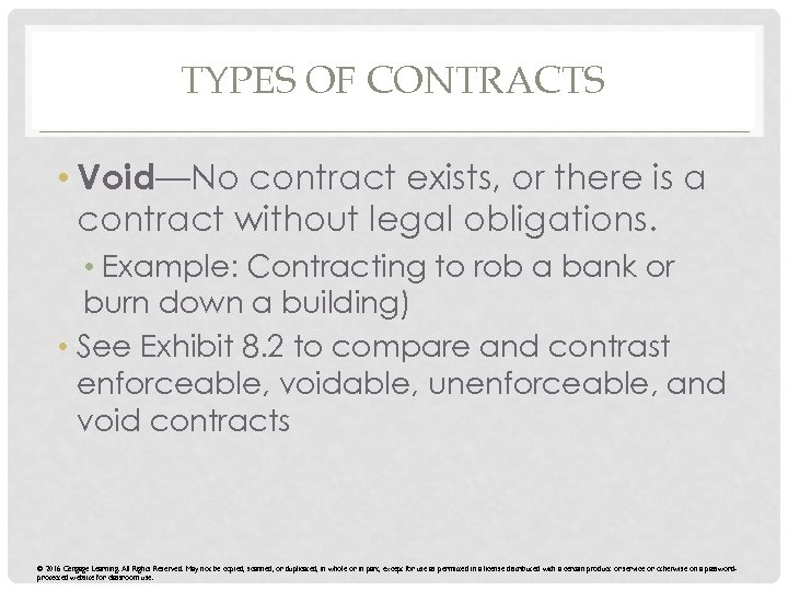 TYPES OF CONTRACTS • Void—No contract exists, or there is a contract without legal