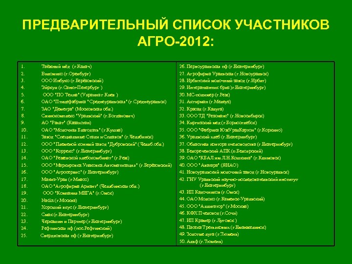 ПРЕДВАРИТЕЛЬНЫЙ СПИСОК УЧАСТНИКОВ АГРО-2012: 1. 2. 3. 4. 5. 6. 7. 8. 9. 10.