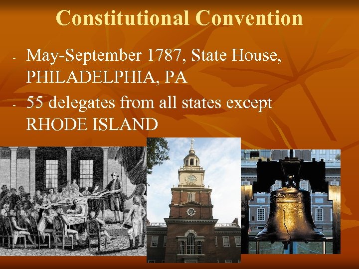 Constitutional Convention - - May-September 1787, State House, PHILADELPHIA, PA 55 delegates from all