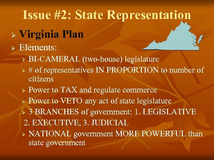 Issue #2: State Representation Ø Virginia Plan Ø Elements: BI-CAMERAL (two-house) legislature Ø #