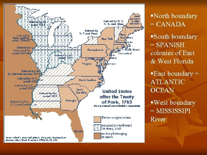 §North boundary = CANADA §South boundary = SPANISH colonies of East & West Florida