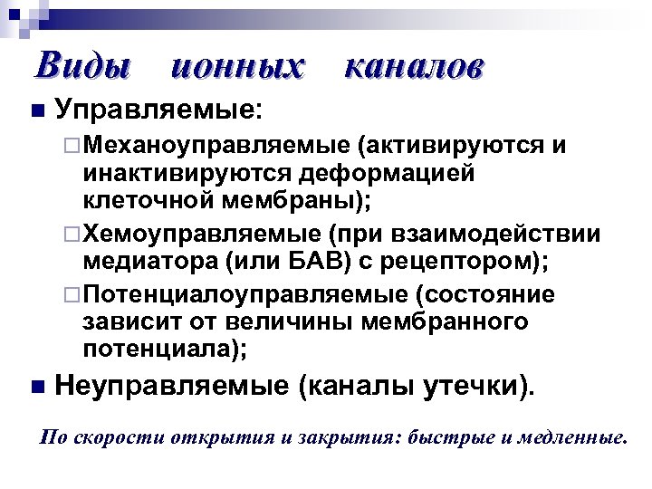 Виды ионных каналов n Управляемые: ¨ Механоуправляемые (активируются и инактивируются деформацией клеточной мембраны); ¨