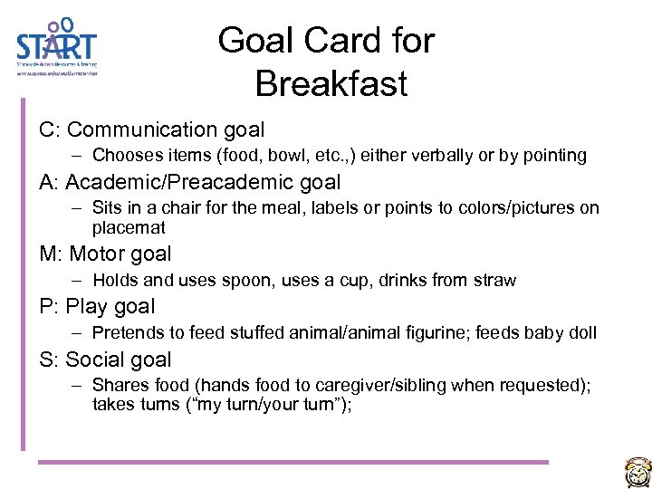 Goal Card for Breakfast C: Communication goal – Chooses items (food, bowl, etc. ,