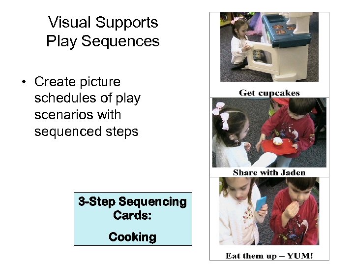 Visual Supports Play Sequences • Create picture schedules of play scenarios with sequenced steps