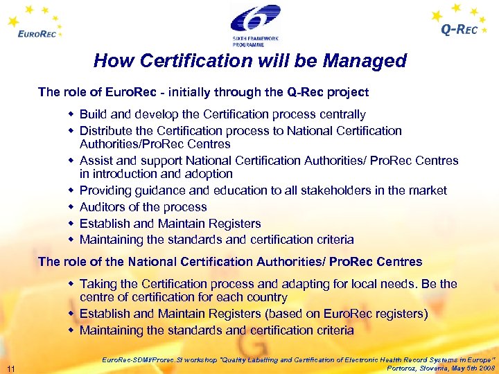 How Certification will be Managed The role of Euro. Rec - initially through the