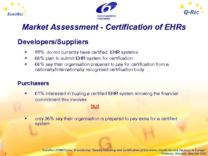 Market Assessment - Certification of EHRs Developers/Suppliers w w w 88% do not currently