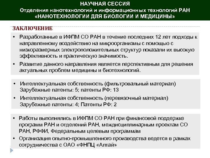 НАУЧНАЯ СЕССИЯ Отделения нанотехнологий и информационных технологий РАН «НАНОТЕХНОЛОГИИ ДЛЯ БИОЛОГИИ И МЕДИЦИНЫ» ЗАКЛЮЧЕНИЕ