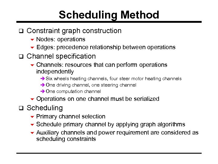 Scheduling Method q Constraint graph construction 6 Nodes: operations 6 Edges: precedence relationship between