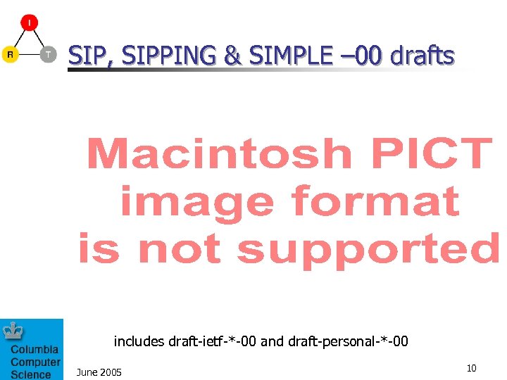 SIP, SIPPING & SIMPLE – 00 drafts includes draft-ietf-*-00 and draft-personal-*-00 June 2005 10