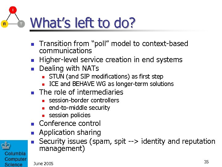 What’s left to do? n n n Transition from “poll” model to context-based communications