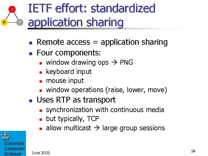 IETF effort: standardized application sharing n n Remote access = application sharing Four components: