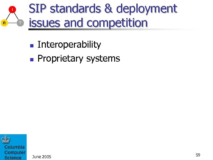 SIP standards & deployment issues and competition n n Interoperability Proprietary systems June 2005