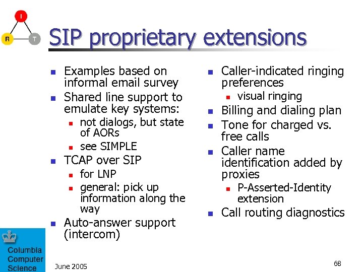 SIP proprietary extensions n n Examples based on informal email survey Shared line support