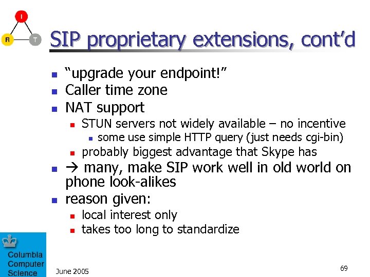 SIP proprietary extensions, cont’d n n n “upgrade your endpoint!” Caller time zone NAT