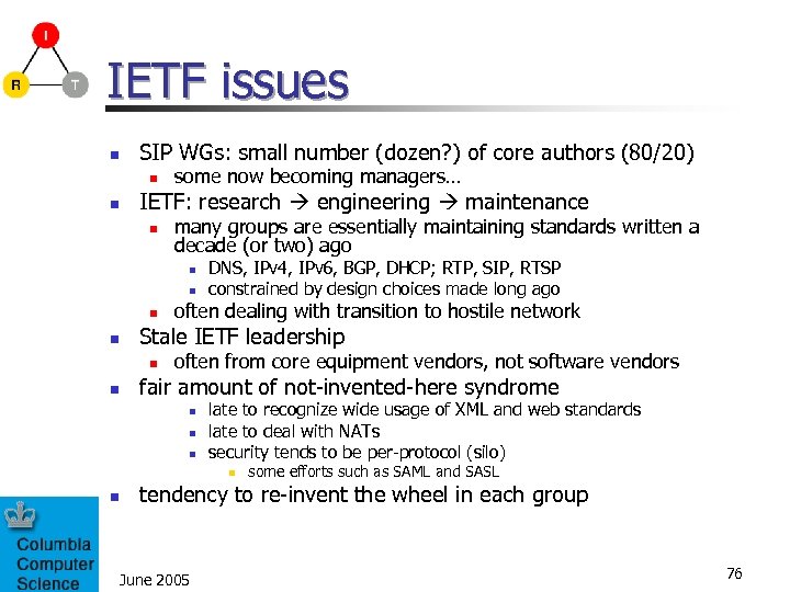 IETF issues n SIP WGs: small number (dozen? ) of core authors (80/20) n