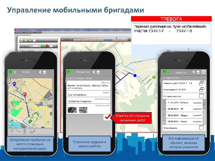 Управление мобильными бригадами Отметка об успешном окончании работ Оперативное прибытие на место с помощью