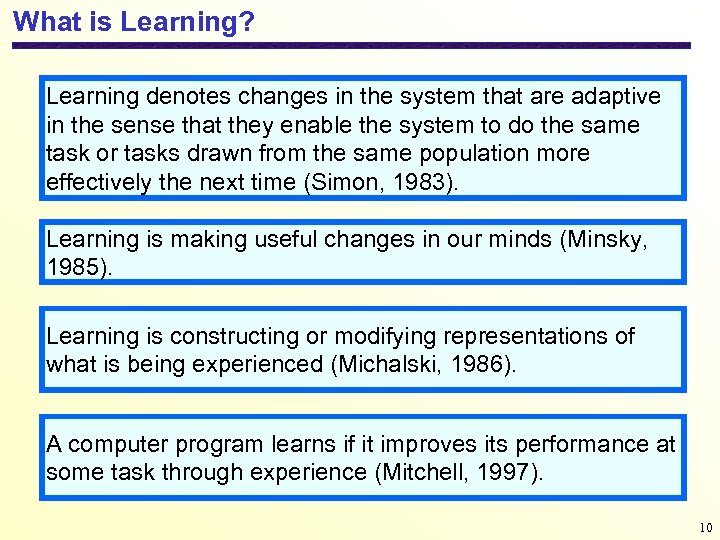 What is Learning? Learning denotes changes in the system that are adaptive in the