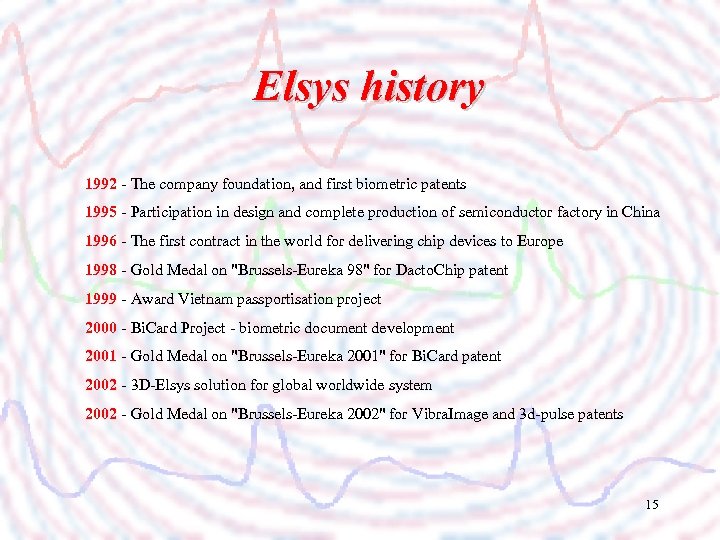 Elsys history 1992 - The company foundation, and first biometric patents 1995 - Participation