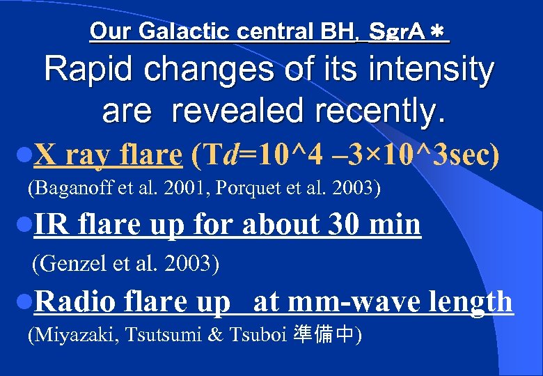 Our Galactic central BH，ＳｇｒＡ＊ Rapid changes of its intensity are revealed recently. l. X