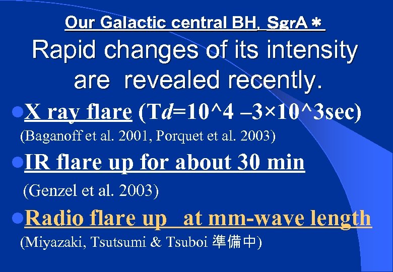 Our Galactic central BH，ＳｇｒＡ＊ Rapid changes of its intensity are revealed recently. l. X