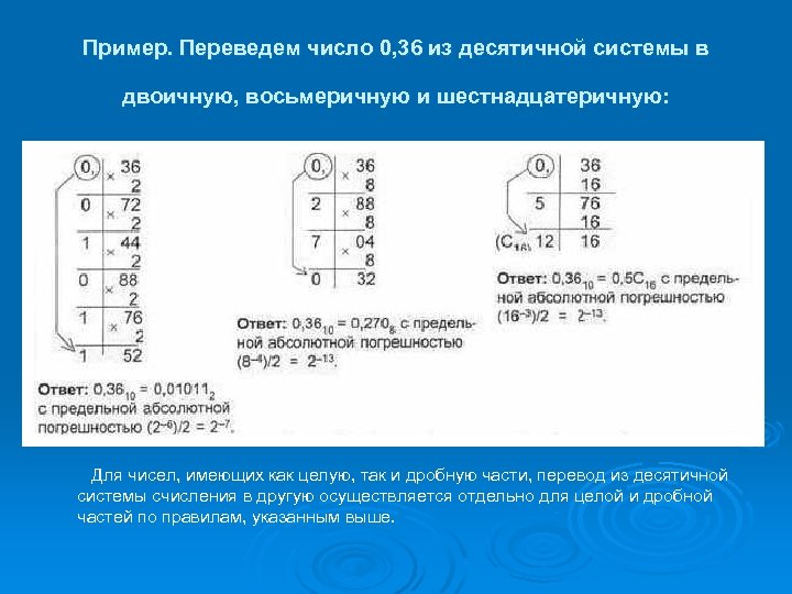 Пример. Переведем число 0, 36 из десятичной системы в двоичную, восьмеричную и шестнадцатеричную: Для