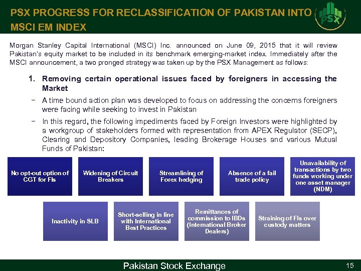 PSX PROGRESS FOR RECLASSIFICATION OF PAKISTAN INTO MSCI EM INDEX Morgan Stanley Capital International