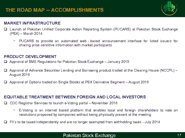 THE ROAD MAP -- ACCOMPLISHMENTS MARKET INFRASTRUCTURE q Launch of Pakistan Unified Corporate Action