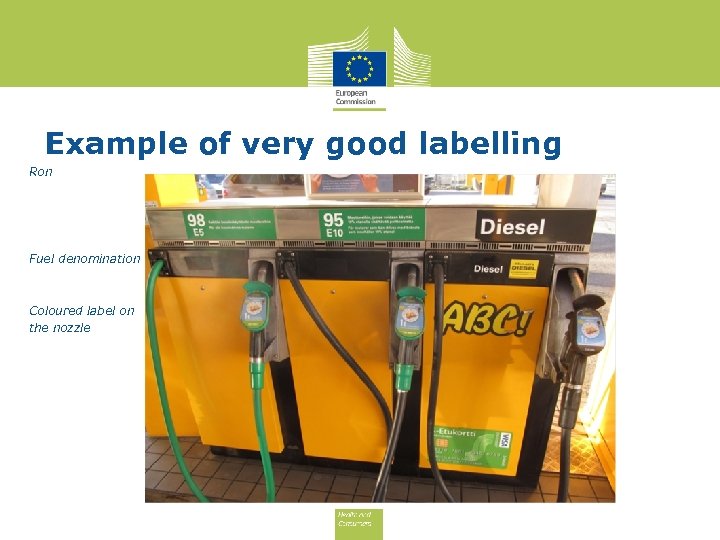 Example of very good labelling Ron Fuel denomination Coloured label on the nozzle 