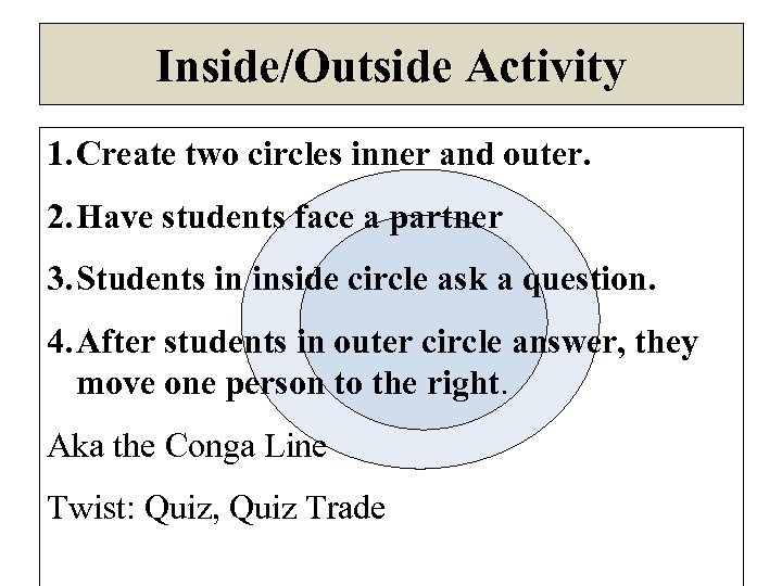 Inside/Outside Activity 1. Create two circles inner and outer. 2. Have students face a