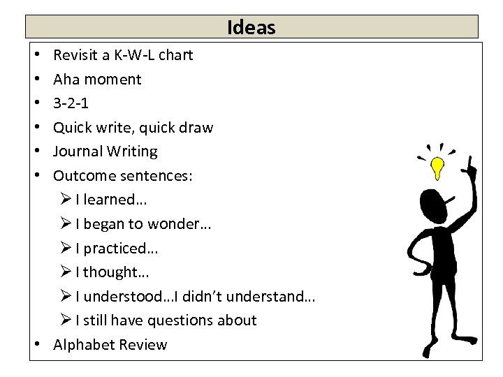 Ideas Revisit a K-W-L chart Aha moment 3 -2 -1 Quick write, quick draw