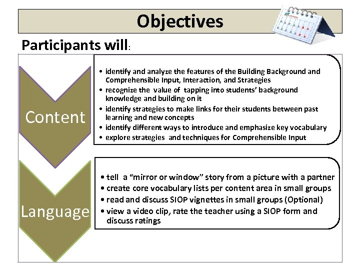 Objectives Participants will: Content Language • identify and analyze the features of the Building